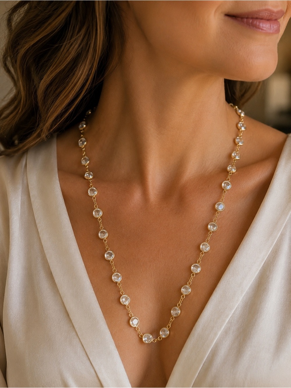 30” Swarovski Gold Tone Bezel Crystal Station Necklace - Elegant Women's Jewelry